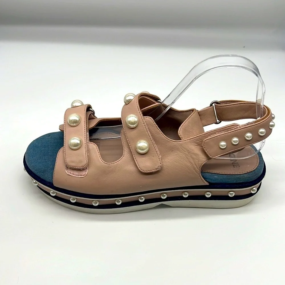 Clone - Diamond Nappa Pink Leather Platform Strap Stud Pearl Sandal Size 41